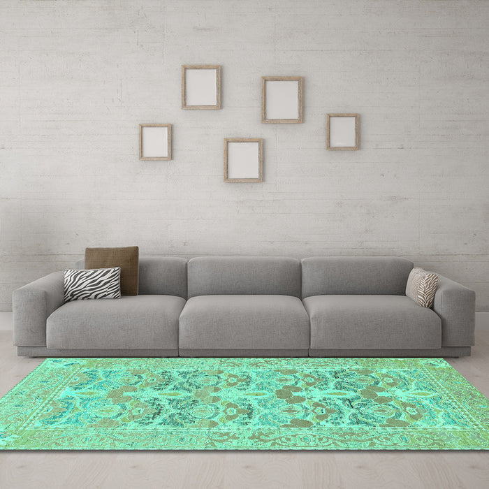 Machine Washable Oriental Turquoise Traditional Area Rugs in a Living Room,, wshabs1662turq