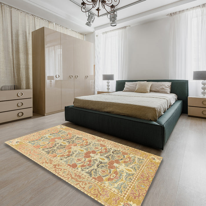 Abstract Bronze Brown Oriental Rug in a Bedroom, abs1662