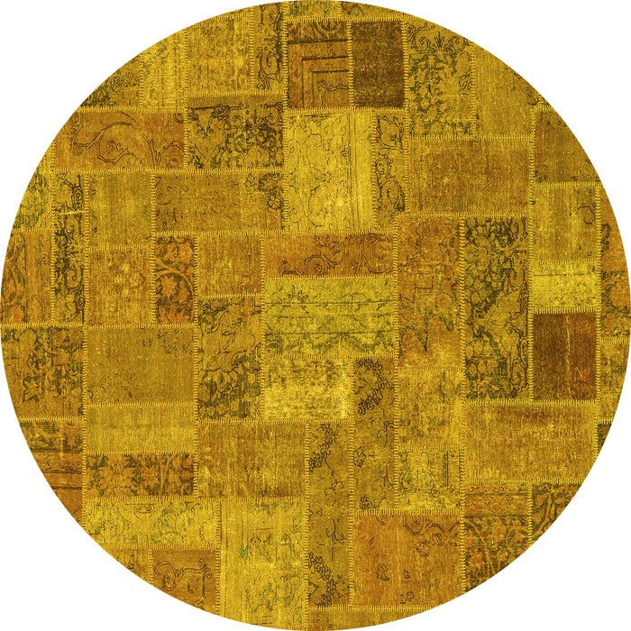 Round Machine Washable Patchwork Yellow Transitional Rug, wshabs1665yw