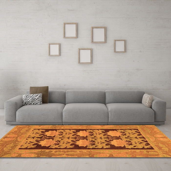 Machine Washable Abstract Orange Modern Area Rugs in a Living Room, wshabs1672org