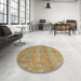 Round Machine Washable Abstract Metallic Gold Rug in a Office, wshabs1674