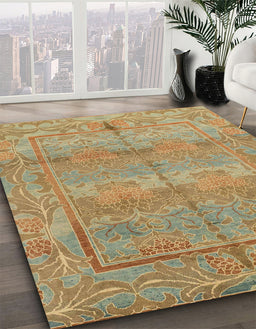 Abstract Metallic Gold Oriental Rug in Family Room, abs1674