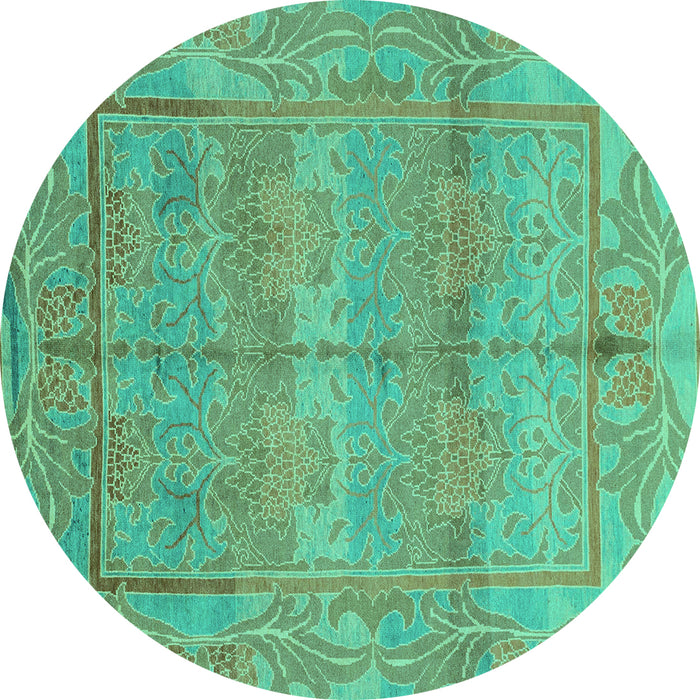 Round Machine Washable Oriental Turquoise Traditional Area Rugs, wshabs1674turq