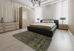 Abstract Dark Green Persian Rug in a Bedroom, abs1676