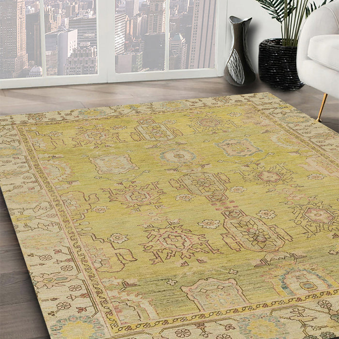 Abstract Metallic Gold Oriental Rug in Family Room, abs1678
