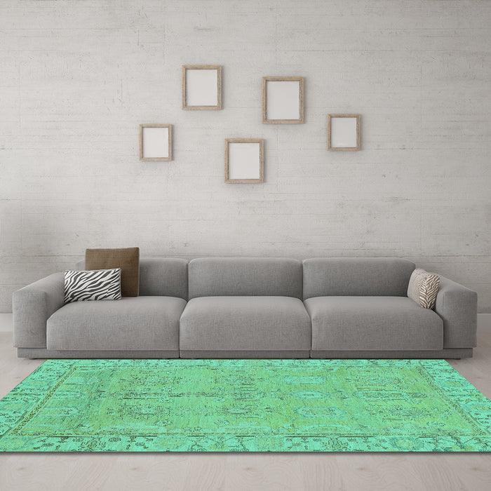 Machine Washable Oriental Turquoise Traditional Area Rugs in a Living Room,, wshabs1678turq