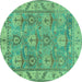 Round Machine Washable Oriental Turquoise Traditional Area Rugs, wshabs1679turq