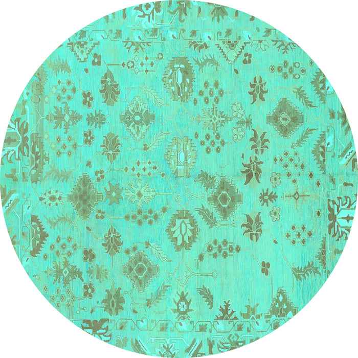 Round Machine Washable Oriental Turquoise Traditional Area Rugs, wshabs1682turq