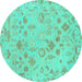 Round Machine Washable Oriental Turquoise Traditional Area Rugs, wshabs1682turq