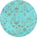 Round Machine Washable Oriental Light Blue Traditional Rug, wshabs1682lblu