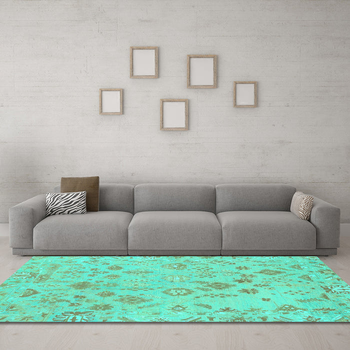 Machine Washable Oriental Turquoise Traditional Area Rugs in a Living Room,, wshabs1682turq