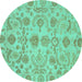 Round Machine Washable Oriental Turquoise Traditional Area Rugs, wshabs1683turq