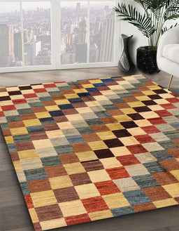 Abstract Brown Red Checkered Rug in Family Room, abs168