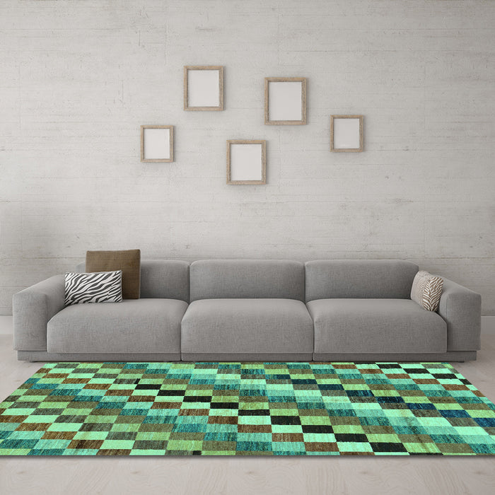 Machine Washable Checkered Turquoise Modern Area Rugs in a Living Room,, wshabs168turq