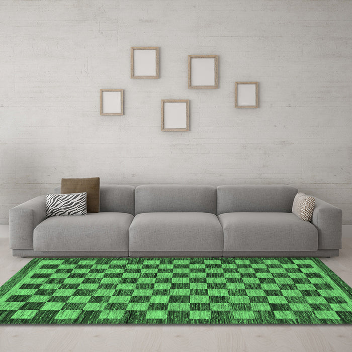 Machine Washable Checkered Emerald Green Modern Area Rugs in a Living Room,, wshabs1702emgrn