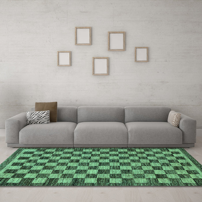Machine Washable Checkered Turquoise Modern Area Rugs in a Living Room,, wshabs1702turq