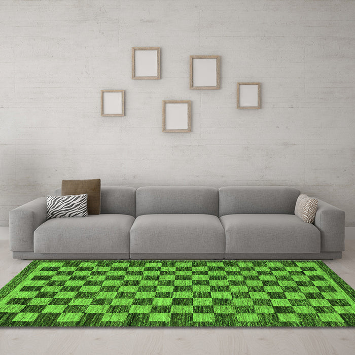 Machine Washable Checkered Green Modern Area Rugs in a Living Room,, wshabs1702grn