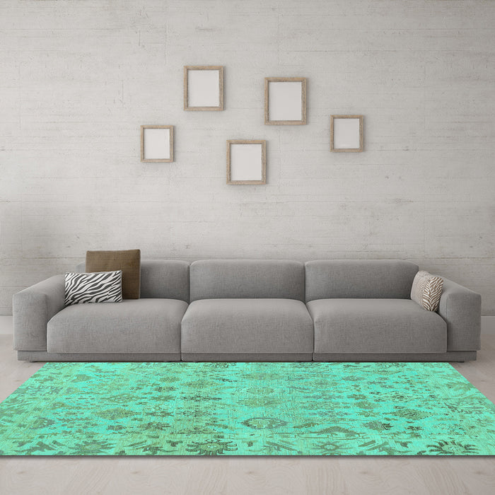 Machine Washable Oriental Turquoise Traditional Area Rugs in a Living Room,, wshabs1718turq