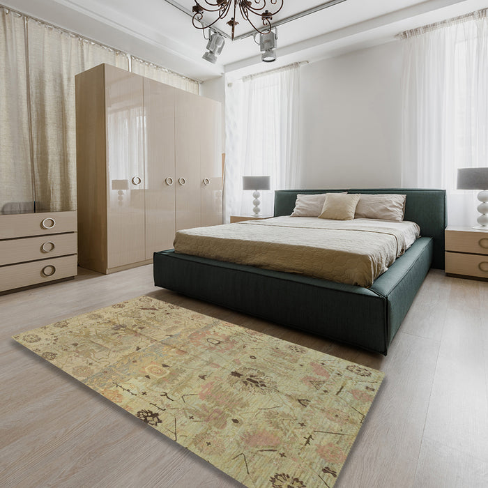 Machine Washable Abstract Brown Green Rug in a Bedroom, wshabs1722