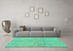 Machine Washable Oriental Turquoise Traditional Area Rugs in a Living Room,, wshabs1723turq