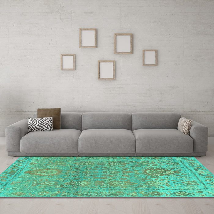 Machine Washable Oriental Turquoise Traditional Area Rugs in a Living Room,, wshabs1725turq