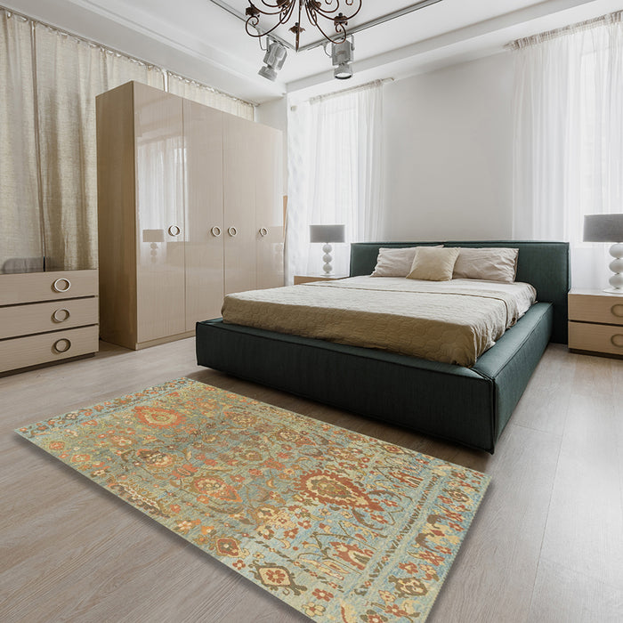 Abstract Dark Khaki Green Oriental Rug in a Bedroom, abs1725