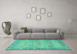 Machine Washable Oriental Turquoise Traditional Area Rugs in a Living Room,, wshabs1726turq