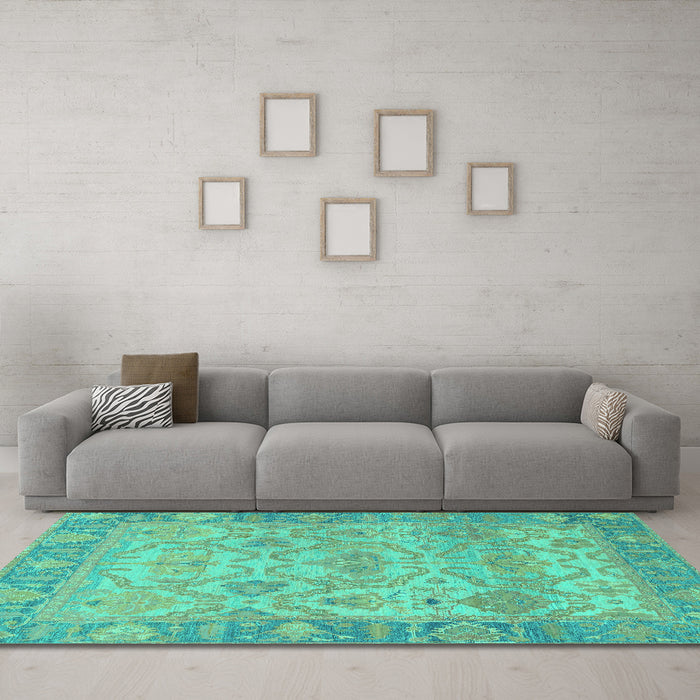 Machine Washable Oriental Turquoise Traditional Area Rugs in a Living Room,, wshabs1726turq