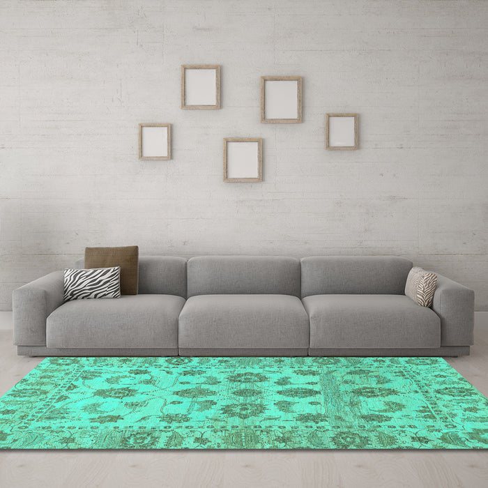 Machine Washable Oriental Turquoise Traditional Area Rugs in a Living Room,, wshabs1727turq