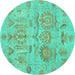 Round Machine Washable Oriental Turquoise Traditional Area Rugs, wshabs1728turq