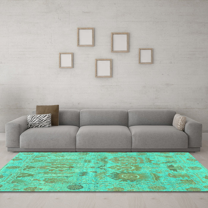 Machine Washable Oriental Turquoise Traditional Area Rugs in a Living Room,, wshabs1728turq