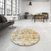 Round Machine Washable Abstract Metallic Gold Rug in a Office, wshabs1729