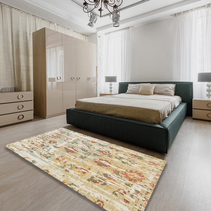 Abstract Metallic Gold Oriental Rug in a Bedroom, abs1729