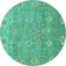 Round Machine Washable Oriental Turquoise Traditional Area Rugs, wshabs1730turq