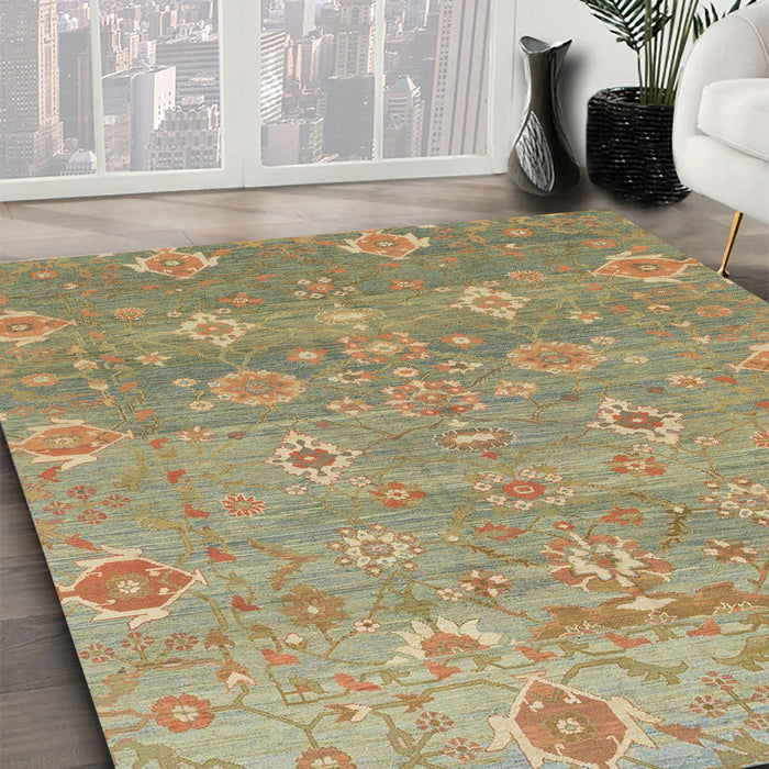 Abstract Brownish Green Oriental Rug in Family Room, abs1730