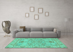 Machine Washable Oriental Turquoise Traditional Area Rugs in a Living Room,, wshabs1731turq
