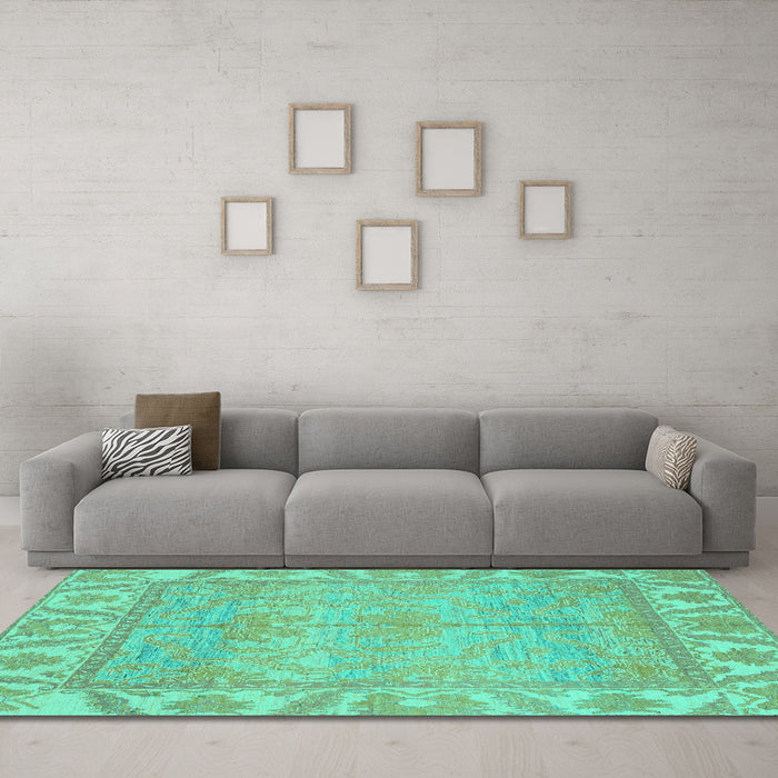 Machine Washable Oriental Turquoise Traditional Area Rugs in a Living Room,, wshabs1733turq
