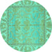 Round Machine Washable Oriental Turquoise Traditional Area Rugs, wshabs1733turq