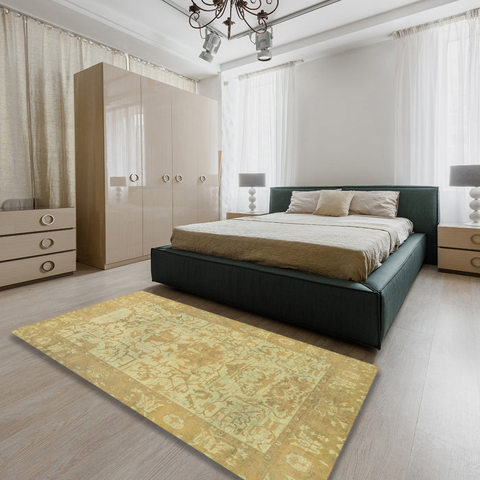 Abstract Orange Gold Oriental Rug in a Bedroom, abs1734