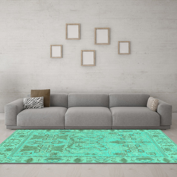 Machine Washable Oriental Turquoise Traditional Area Rugs in a Living Room,, wshabs1736turq