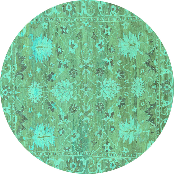 Round Machine Washable Oriental Turquoise Traditional Area Rugs, wshabs1737turq