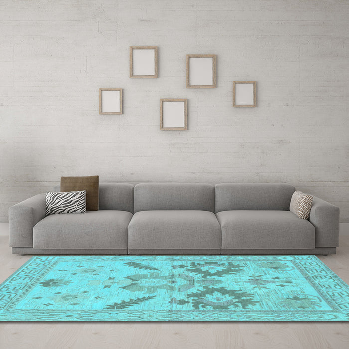 Machine Washable Oriental Light Blue Traditional Rug in a Living Room, wshabs1738lblu