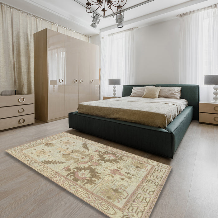 Abstract Camel Brown Oriental Rug in a Bedroom, abs1738