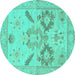 Round Machine Washable Oriental Turquoise Traditional Area Rugs, wshabs1738turq