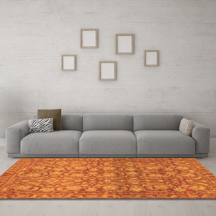 Machine Washable Abstract Orange Modern Area Rugs in a Living Room, wshabs1747org