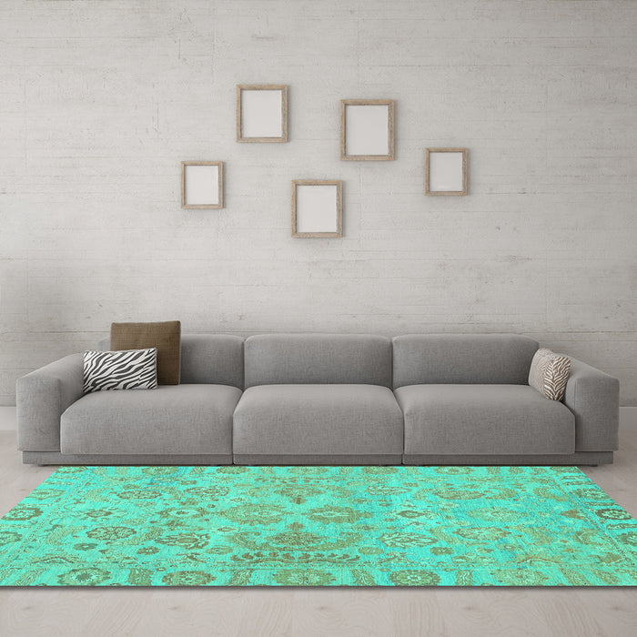 Machine Washable Oriental Turquoise Traditional Area Rugs in a Living Room,, wshabs1748turq
