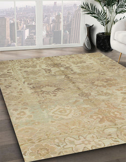 Abstract Ginger Brown Green Oriental Rug in Family Room, abs1753