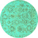 Round Machine Washable Oriental Turquoise Traditional Area Rugs, wshabs1755turq