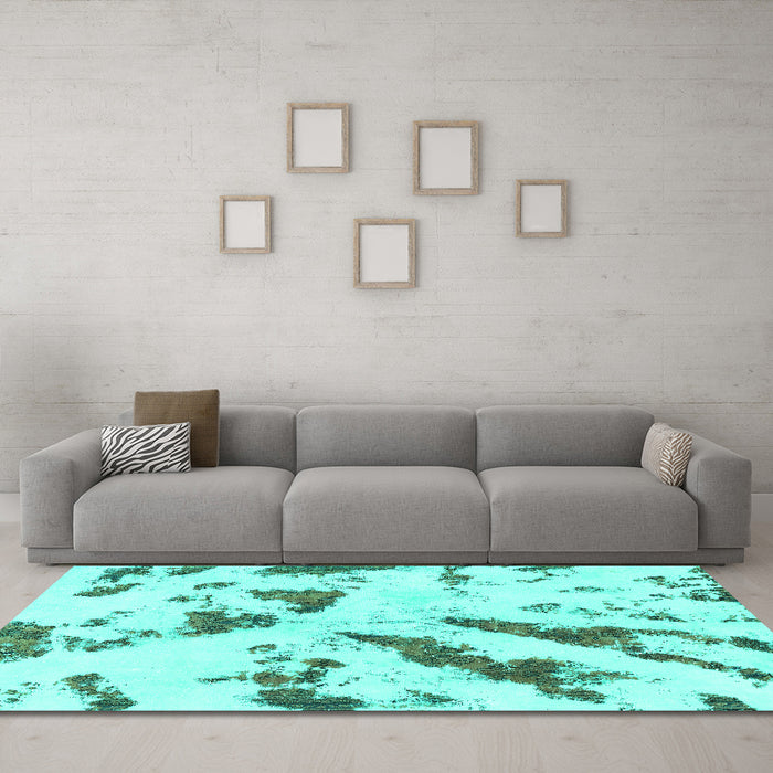 Machine Washable Abstract Turquoise Modern Area Rugs in a Living Room,, wshabs1758turq