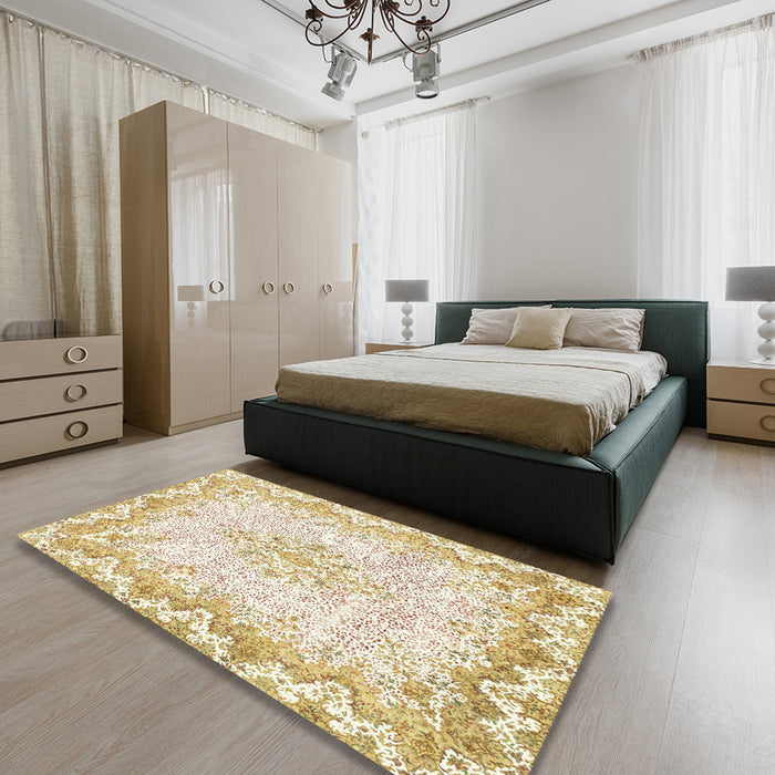 Abstract Gold Oriental Rug in a Bedroom, abs1761